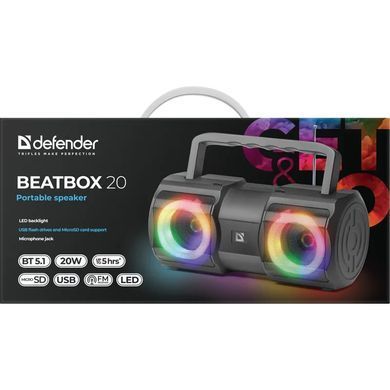 Акустична система Defender 1.0 Beatbox 20Вт, Light/BT/MIC/FM/USB/TF (65420) [405135]