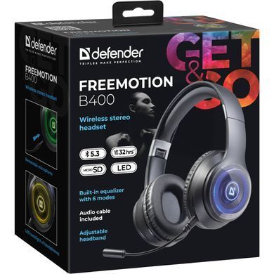 Гарнітура Defender FreeMotion B400 Bluetooth+3,5мм,гнучкий мікрофон, LED, Black (63400) [401844]