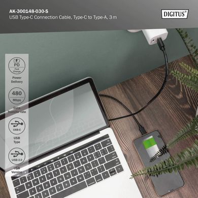 Кабель DIGITUS USB-A > USB-C заряджання/синхронізації, USB 2.0, M/M, 3м, чорний (AK-300148-030-S) [113628]