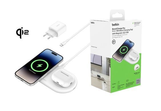 Зарядний пристрій бездротовий Belkin 2в1 15Вт Pad Qi2, білий (WIZ021VFWH) [108377]