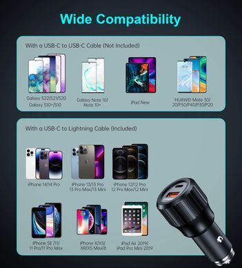 Автозарядка 2xUSB 63W (USB-C+USB-A) PD45W+QC3.018W чорна Choetech (TC0010-BK) [402139]