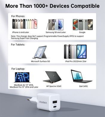 Мережевий зарядний пристрій Choetech (USB-C+USB-A) White (PD5012-EU-WH) [619603]