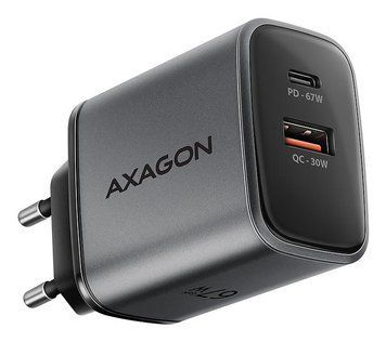 Мережевий зарядний пристрій AXAGON, 2x port (USB + USB-C), PD3.0/QC4+/PPS/Apple, 67W, сірий (ACU-PQ67) [504210]