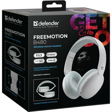 Гарнітура Defender FreeMotion B480 Bluetooth+3,5мм+USB-C, White (63481) [404499]