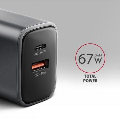 Мережевий зарядний пристрій AXAGON, 2x port (USB + USB-C), PD3.0/QC4+/PPS/Apple, 67W, сірий (ACU-PQ67) [504210]