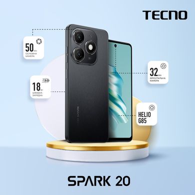 TECNO Смартфон Spark 20 (KJ5n) 6.56" 8/256ГБ, 2SIM, 5000мА•год, Gravity Black (4894947011597)