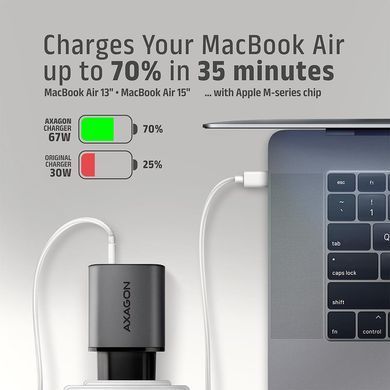 Мережевий зарядний пристрій AXAGON, 2x port (USB + USB-C), PD3.0/QC4+/PPS/Apple, 67W, сірий (ACU-PQ67) [504210]