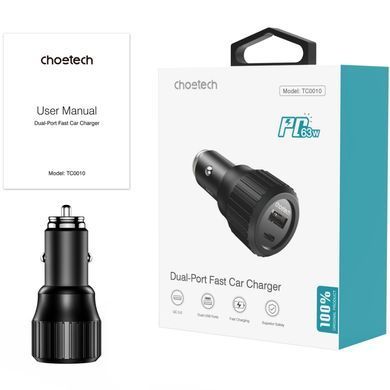 Автозарядка 2xUSB 63W (USB-C+USB-A) PD45W+QC3.018W чорна Choetech (TC0010-BK) [402139]
