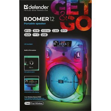 Акустична система 1.0 Boomer 12, 15Вт, Bluetooth/FM/USB/LED/AUX чорна (65412) [405138]
