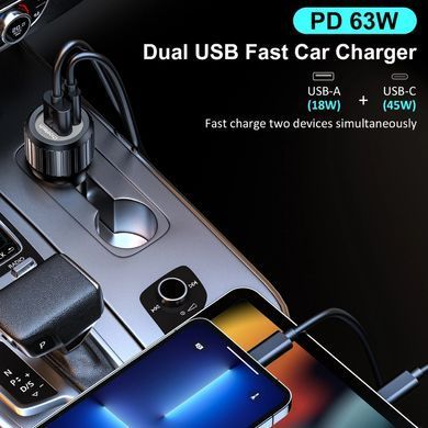 Автозарядка 2xUSB 63W (USB-C+USB-A) PD45W+QC3.018W чорна Choetech (TC0010-BK) [402139]