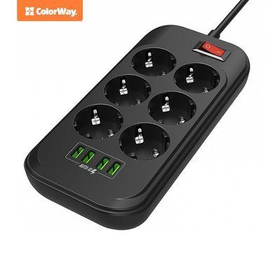 Фільтр живлення СolorWay 6 розеток, 4xUSB, 2м, Black (CW-CHE64B) [605221]