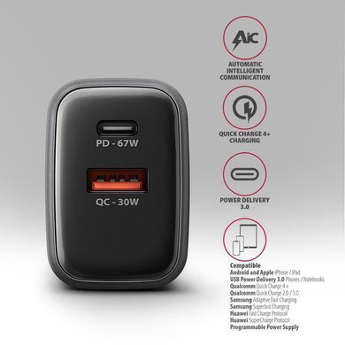 Мережевий зарядний пристрій AXAGON, 2x port (USB + USB-C), PD3.0/QC4+/PPS/Apple, 67W, сірий (ACU-PQ67) [504210]