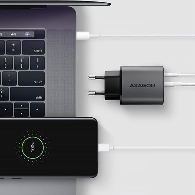 Мережевий зарядний пристрій AXAGON, 2x port (USB + USB-C), PD3.0/QC4+/PPS/Apple, 67W, сірий (ACU-PQ67) [504210]