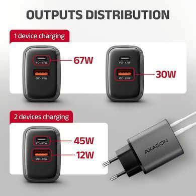 Мережевий зарядний пристрій AXAGON, 2x port (USB + USB-C), PD3.0/QC4+/PPS/Apple, 67W, сірий (ACU-PQ67) [504210]