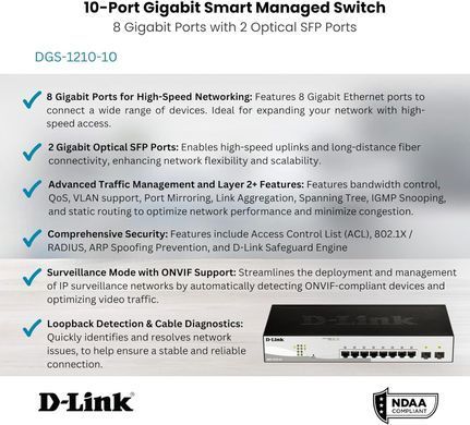 Комутатор D-Link 8xGE, 2xSFP WebSmart (DGS-1210-10) [104825]