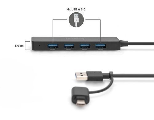 Хаб DIGITUS USB-A/C > 4хUSB-А, 1,2 м, активний (опція) (DA-70236) [110635]