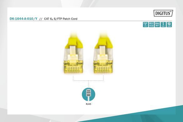Патч-корд DIGITUS CAT 6a S-FTP, 1м, AWG 26/7, Cu, LSZH, жовтий (DK-1644-A-010/Y) [109900]