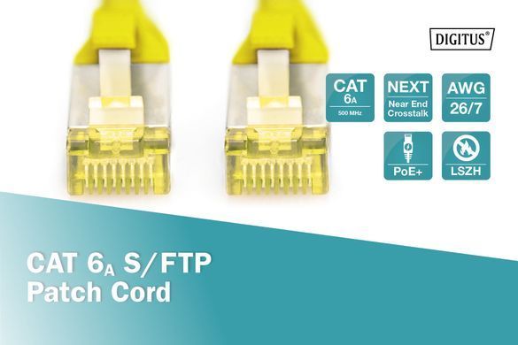 Патч-корд DIGITUS CAT 6a S-FTP, 1м, AWG 26/7, Cu, LSZH, жовтий (DK-1644-A-010/Y) [109900]