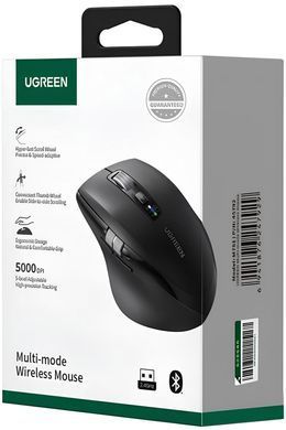 Мишка UGREEN 2.4GHz&BT M751 Ergonomic Contoured-Shape, бездротова, 5000dpi., 5кн., Чорна (45792) [404005]