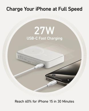 Портативний зарядний пристрій Anker MagGo 10000 mAh Qi2 15W + USB-C PD 27W White (A1654G21) [203179]