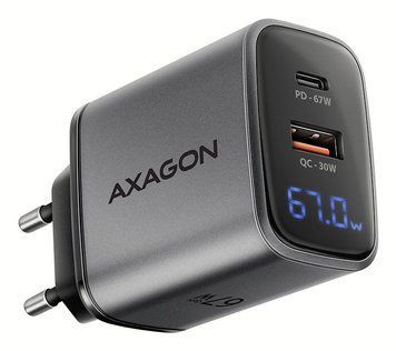 Мережевий зарядний пристрій з дисплеєм AXAGON, 2x port (USB + USB-C), PD3.0/QC4+/PPS/Apple, 67W, сірий (ACU-PQ67D) [504211]