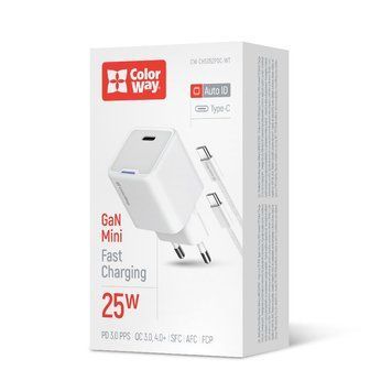 Мережевий зарядний пристрій ColorWay GaN Mini 25W PD Port PPS USB-C White + кабель USB Type-C (CW-CHS052PDC-WT) [603376]