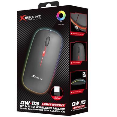 Мишка XTRIKE ME, бездротова Bluetooth+2,4G, 3200dpi., 4кн., 7 режимів RGB, чорна (GW-113) [403800]
