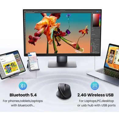 Мишка UGREEN 2.4GHz&BT M751 Ergonomic Contoured-Shape, бездротова, 5000dpi., 5кн., Чорна (45792) [404005]