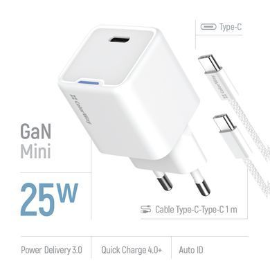 Мережевий зарядний пристрій ColorWay GaN Mini 25W PD Port PPS USB-C White + кабель USB Type-C (CW-CHS052PDC-WT) [603376]