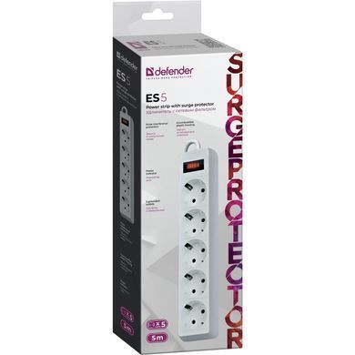 Мережевий фільтр Power filtr 5.0м Defender ES5, 5 розеток, білий (994830) [402655]