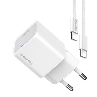 Мережевий зарядний пристрій ColorWay GaN Mini 25W PD Port PPS USB-C White + кабель USB Type-C (CW-CHS052PDC-WT) [603376]