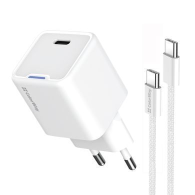 Мережевий зарядний пристрій ColorWay GaN Mini 25W PD Port PPS USB-C White + кабель USB Type-C (CW-CHS052PDC-WT) [603376]