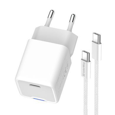 Мережевий зарядний пристрій ColorWay GaN Mini 25W PD Port PPS USB-C White + кабель USB Type-C (CW-CHS052PDC-WT) [603376]