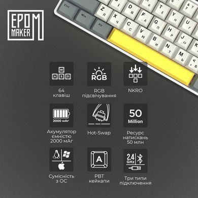 Клавіатура бездротова Epomaker EP64 60% Mulan Switch Hot-Swap (2.4G/BT/USB) RGB UA White (EP64-W-M) [606072]
