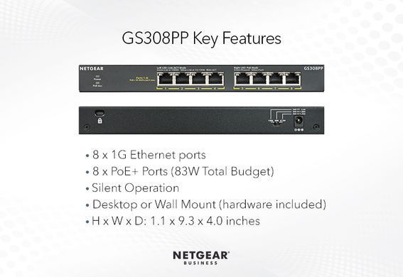 Комутатор NETGEAR GS308PP 8xGE PoE, 83Вт, Некерований (GS308PP-100EUS) [104957]