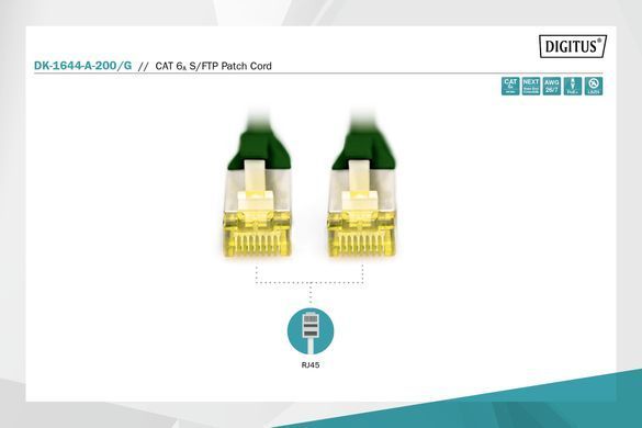Патч-корд DIGITUS CAT 6а SF-UTP, 20м, AWG 26/7, Cu, LSZH, зелений (DK-1644-A-200/G) [109901]