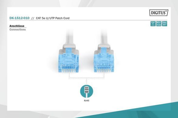 Патч-корд CAT 5e U-UTP, ПВХ AWG 26/7, довжина 1 м, колір сірий DIGITUS by ASSMANN (DK-1512-010) [504133]