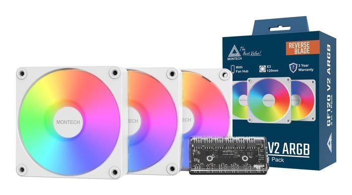 Набір із трьох вентиляторів для корпусу 120MM GF120R V2 ARGB PWM 3I1 (W) MONTECH (GF120R V2 ARGB PWM 3I1(W)) [502811]