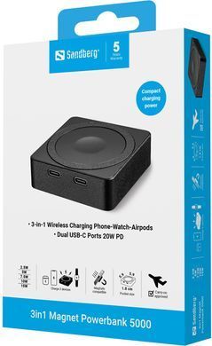 УМБ Sandberg Magnetic Wireless 5000mAh 20W PD, 2xUSB-C, QI-15W for Apple watch and Airpods (421-28) [404519]