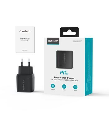 Мережевий зарядний пристрій Choetech (USB-C+USB-A) Black (PD6052-EU-BK) [619605]