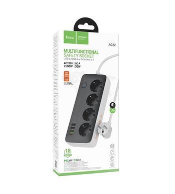 Мережевий подовжувач HOCO AC22 Sunlight 4-bit(PD30W/1C3A) desktop socket(EU/GER) (1.5m) Black (6942007629782) [806394]