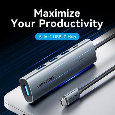 Хаб USB 3.0 Type-C -> 4xUSB 3.0/1xUSB-C, 5Gbps, Black Vention (TGZHB) [404633]