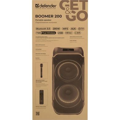 Акустична система 2.0 Defender Boomer 200, 200Вт BT/FM/TF/USB/MIC/AUX/GT, чорна (65201) [405274]