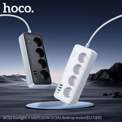 Мережевий подовжувач HOCO AC22 Sunlight 4-bit(PD30W/1C3A) desktop socket(EU/GER) (1.5m) Black (6942007629782) [806394]