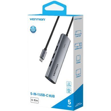 Хаб USB 3.0 Type-C -> 4xUSB 3.0/1xUSB-C, 5Gbps, Black Vention (TGZHB) [404633]