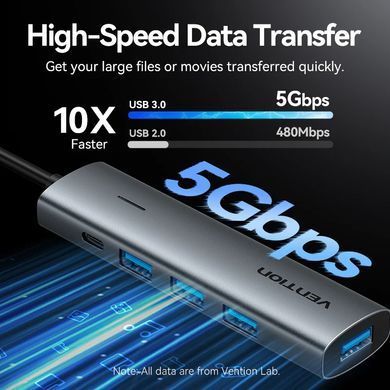 Хаб USB 3.0 Type-C -> 4xUSB 3.0/1xUSB-C, 5Gbps, Black Vention (TGZHB) [404633]