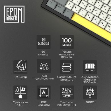 Клавіатура бездротова Epomaker EK68 65% Flamingo Switch Hot-Swap (2.4G/BT/USB) RGB UA Black (EK68-B-F) [606073]