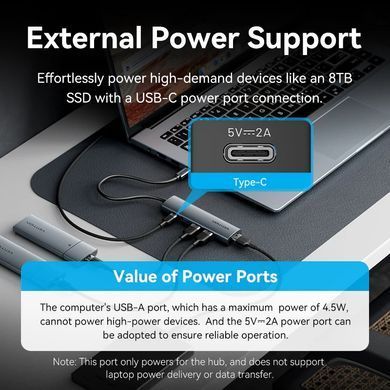 Хаб USB 3.0 Type-C -> 4xUSB 3.0/1xUSB-C, 5Gbps, Black Vention (TGZHB) [404633]