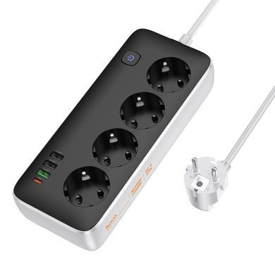 Мережевий подовжувач HOCO AC22 Sunlight 4-bit(PD30W/1C3A) desktop socket(EU/GER) (1.5m) Black (6942007629782) [806394]