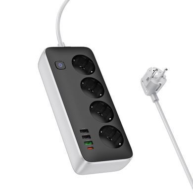 Мережевий подовжувач HOCO AC22 Sunlight 4-bit(PD30W/1C3A) desktop socket(EU/GER) (1.5m) Black (6942007629782) [806394]